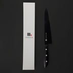 Black chef's knife with 'SASUGA' branding next to a white box on a black background