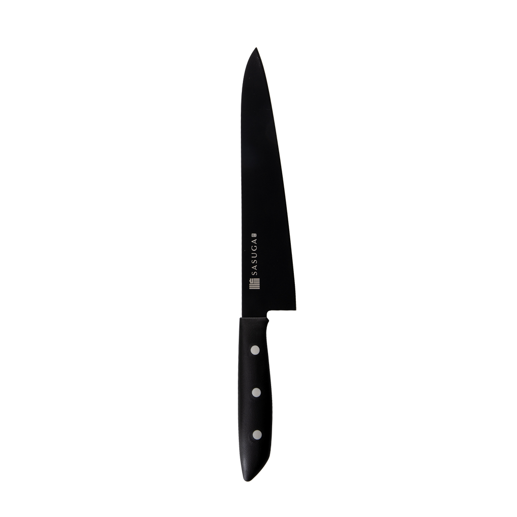 Black kitchen knife with a visible brand logo on a white background