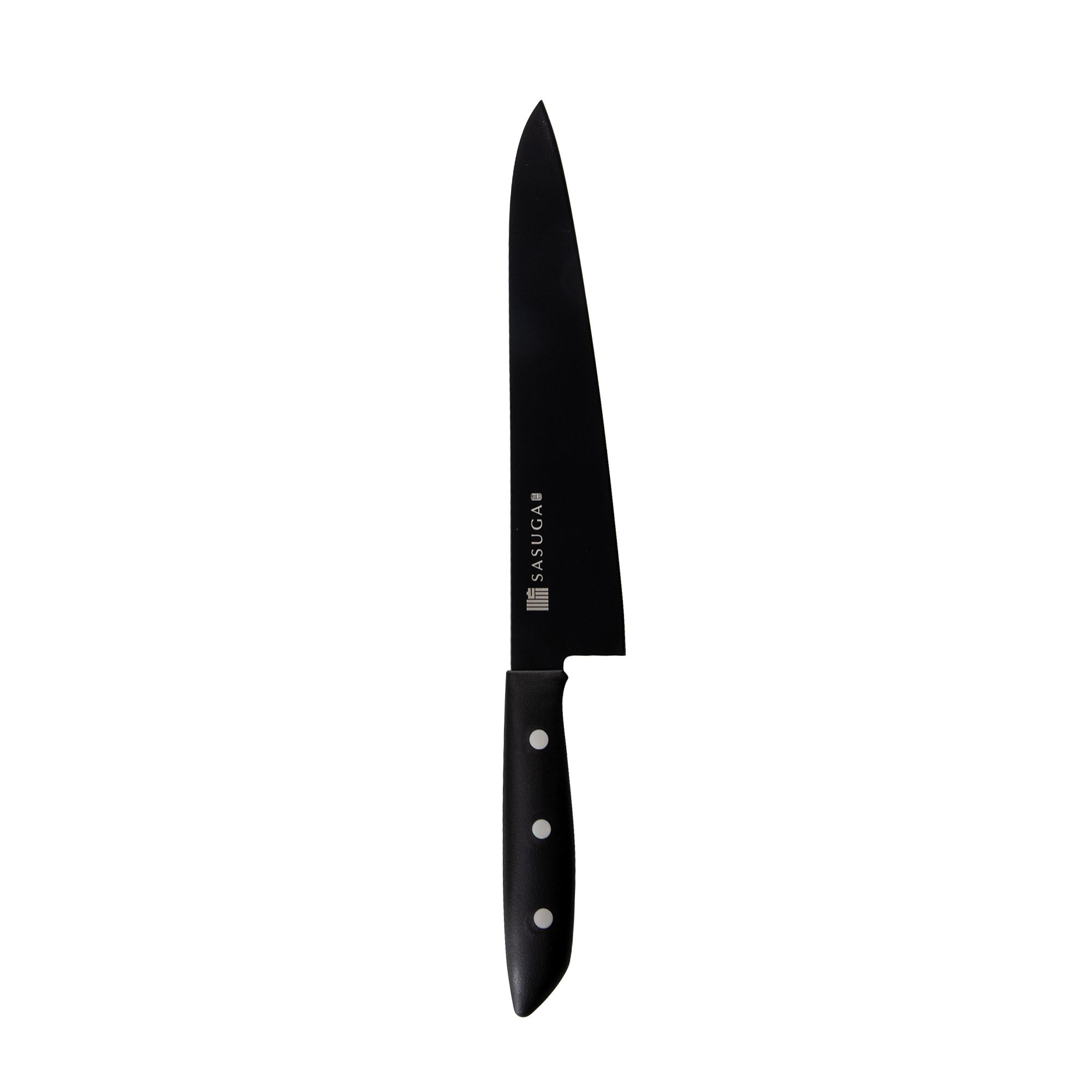 Black kitchen knife with a visible brand logo on a white background