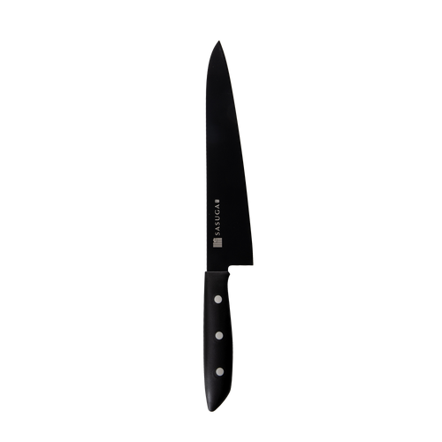 Black kitchen knife with a visible brand logo on a white background