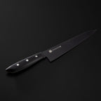 Black kitchen knife with 'SASUGA' branding on a black background