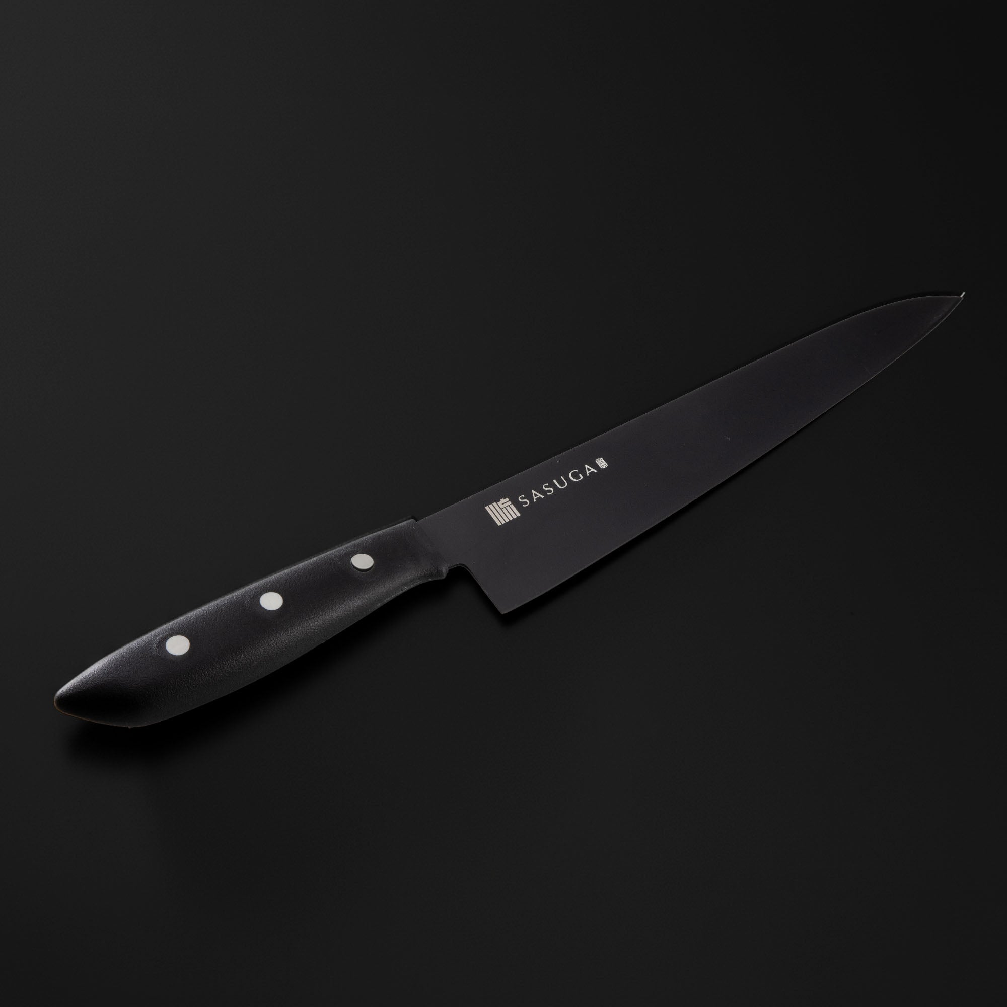 Black kitchen knife with 'SASUGA' branding on a black background