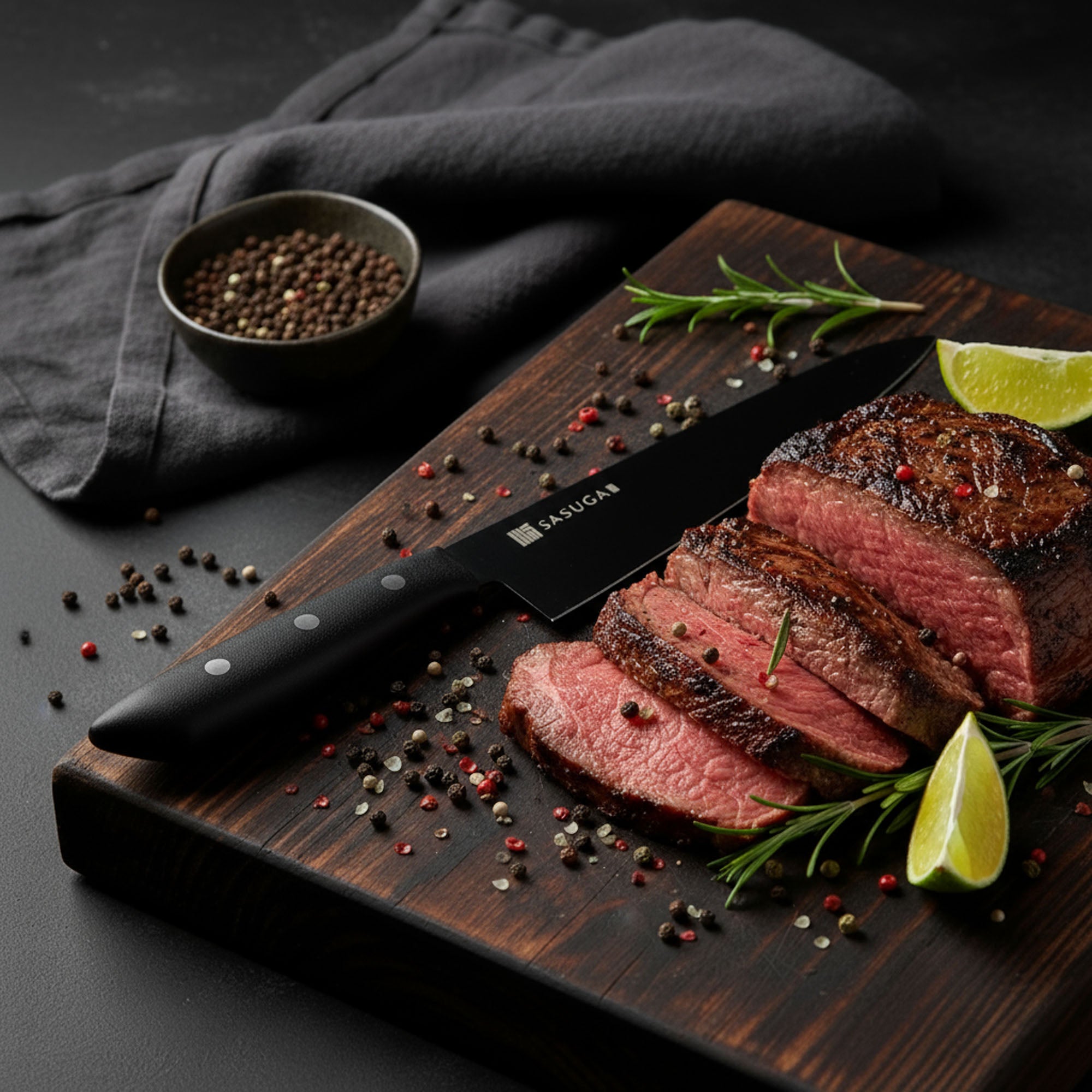 Sliced beef on a wooden cutting board with a knife, pepper, and lime.