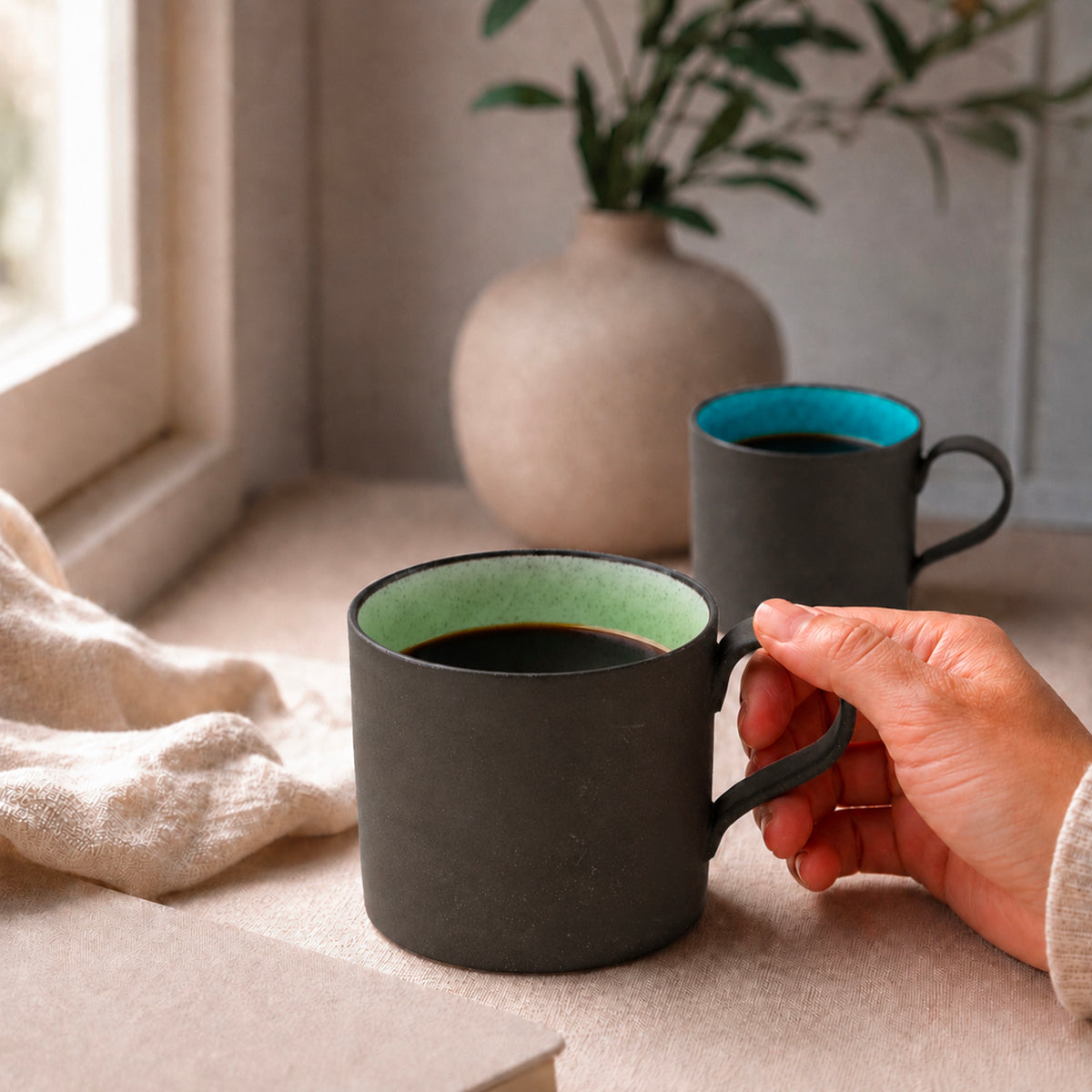 Mino-yaki Peridot green ceramic mug, view 4