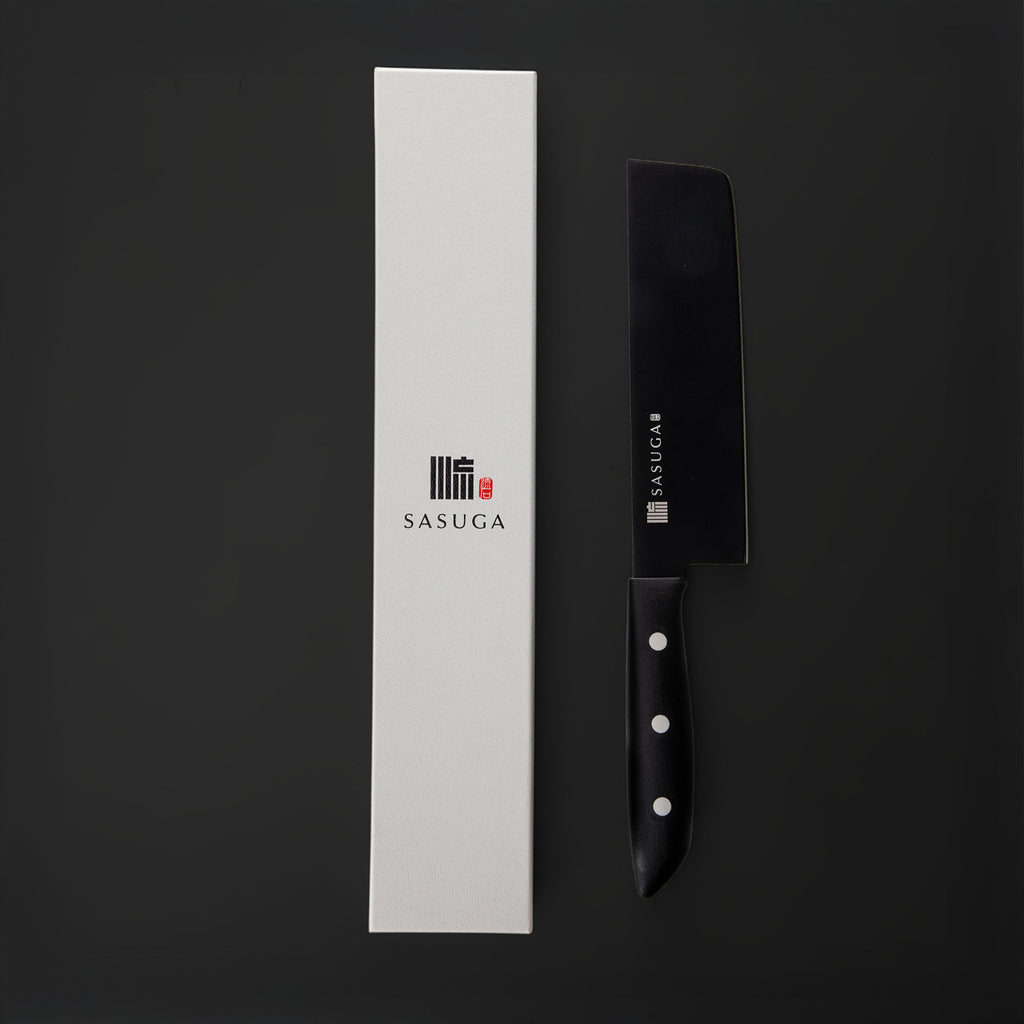 Black kitchen knife with black handle and white blade on a black background, next to a white box with 'SASUGA' branding.