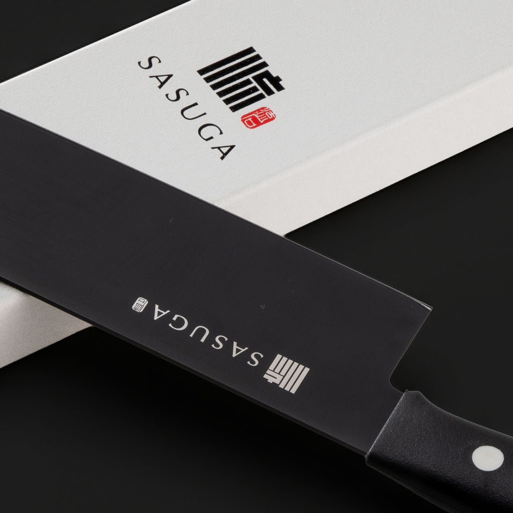 SASUGA knife with branding on a black background