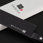 SASUGA knife with branding on a black background