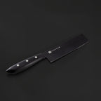 Black knife with a brand logo on a dark background