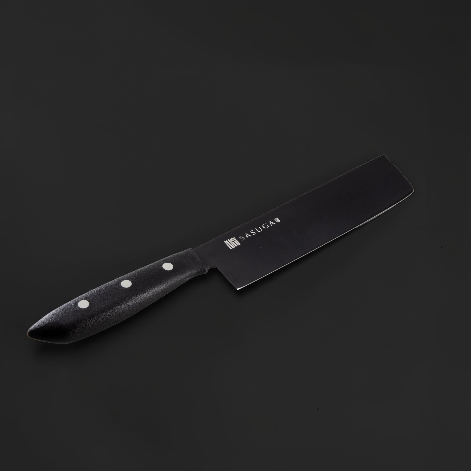 Black knife with a brand logo on a dark background