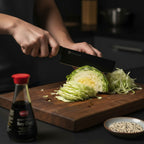 Person slicing cabbage on a wooden cutting board with a bottle of soy sauce and a bowl of spices in the foreground.
