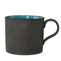 Handmade Mino-yaki ceramic mug with matte black clay exterior and deep blue glaze, made in Japan