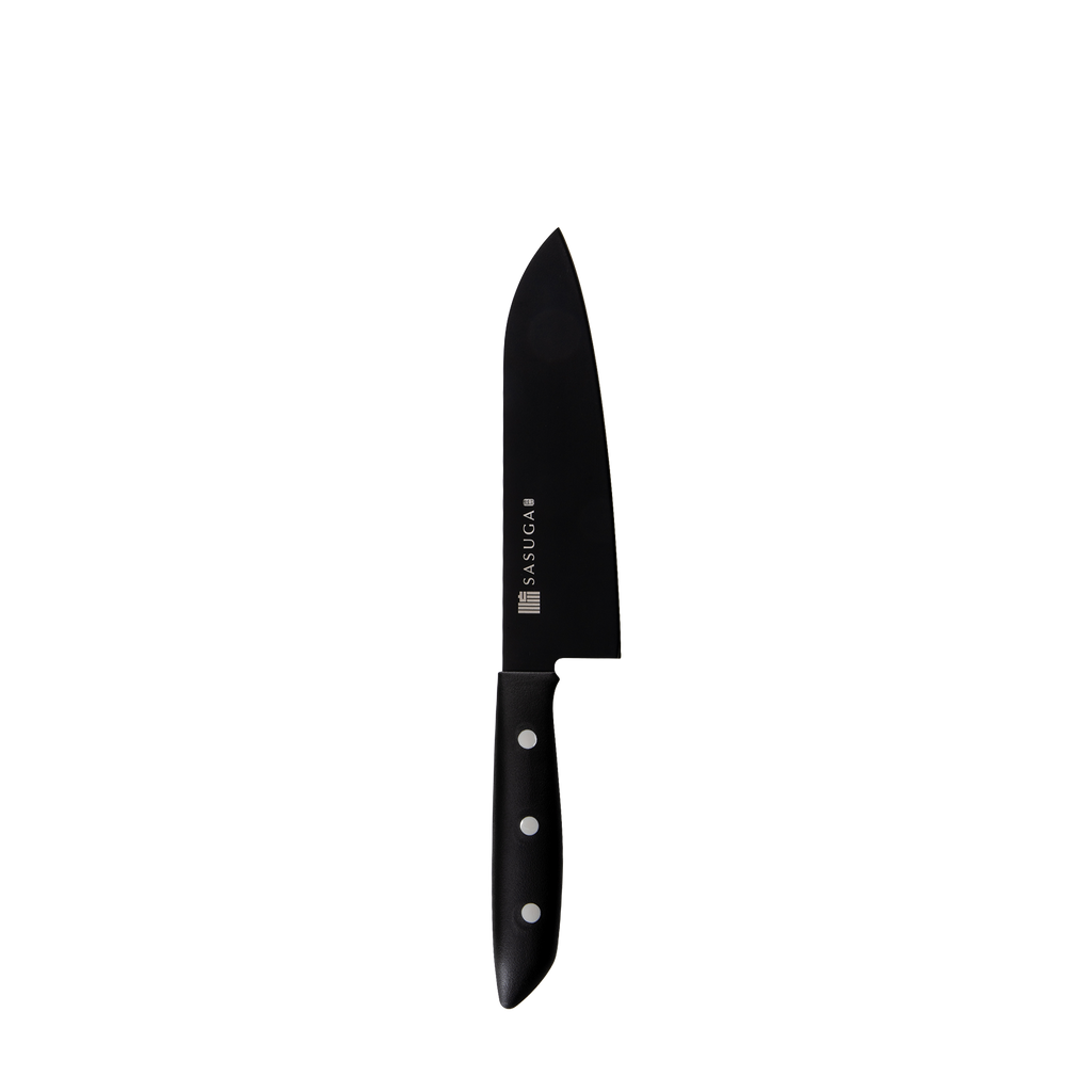 Black chef's knife with a visible brand logo on a white background