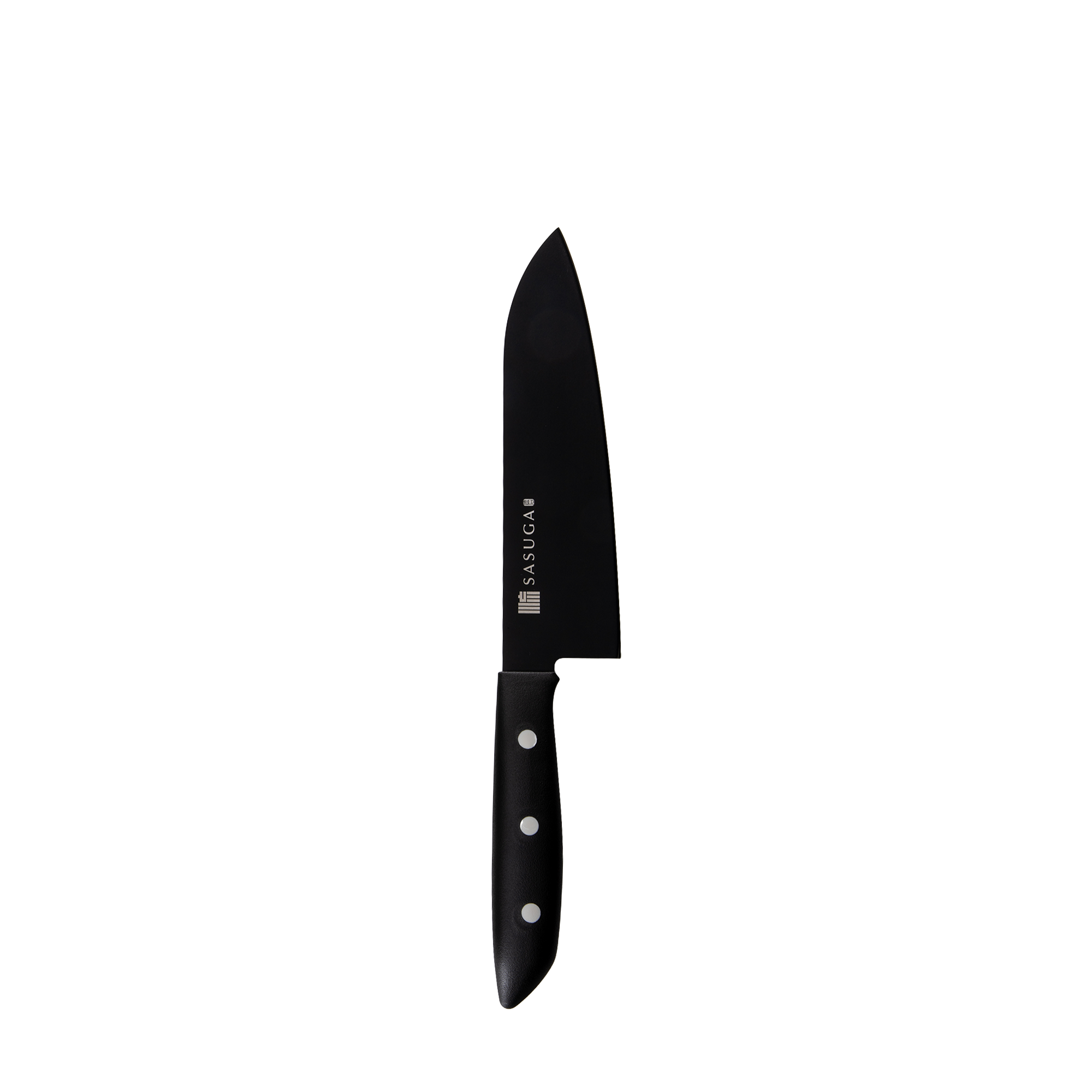 Black chef's knife with a visible brand logo on a white background