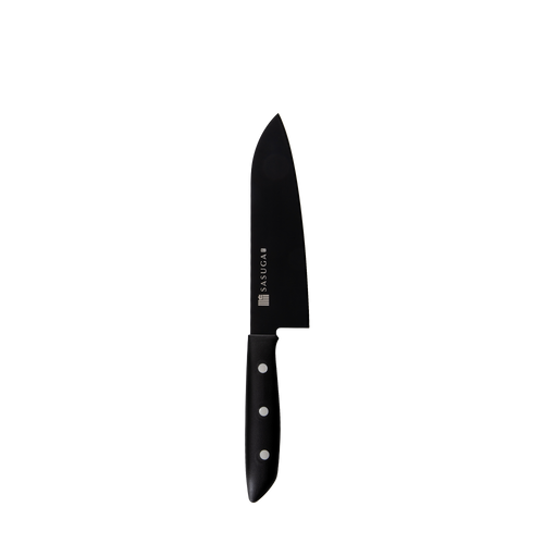 Black chef's knife with a visible brand logo on a white background