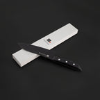 Black knife with a sharpener and 'Sasuga' branding on a dark background