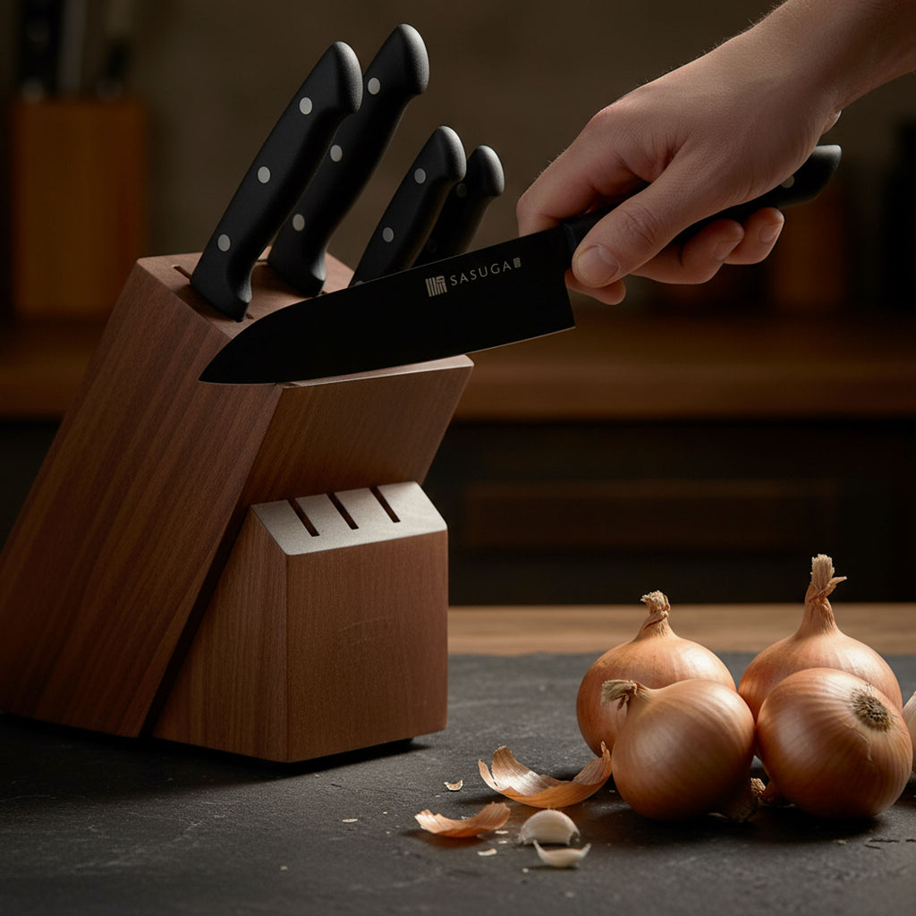 Person holding a knife over a wooden knife block with onions on a dark surface