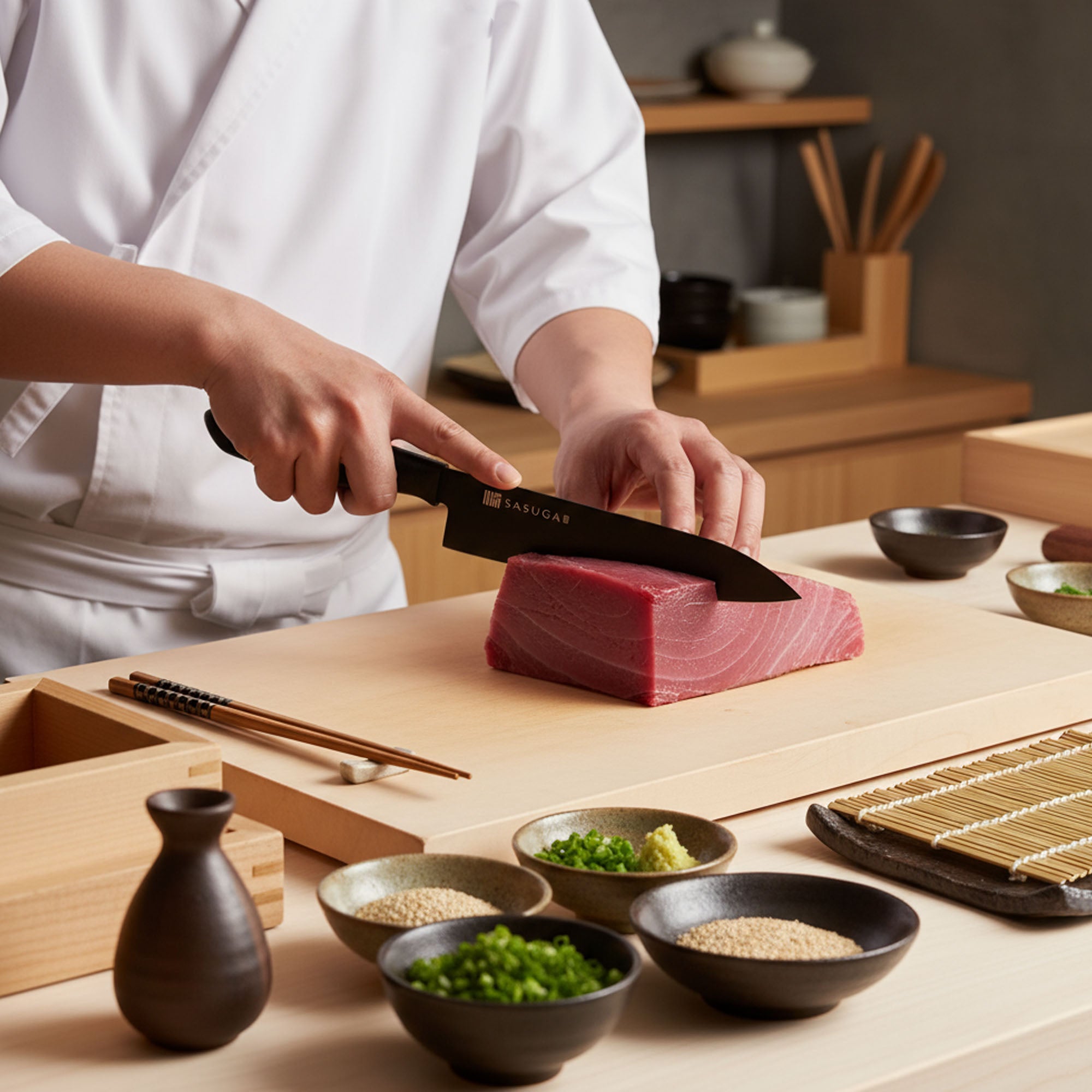 Person cutting a piece of raw fish on a wooden board with various bowls and utensils around.