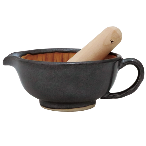 Japanese suribachi ceramic mortar and pestle set in black